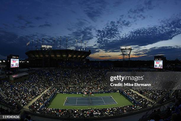 An evening view of Louis Armstrong Stadium at the USTA National Tennis Center in Flushing Meadows, New York on September 4, 2006.