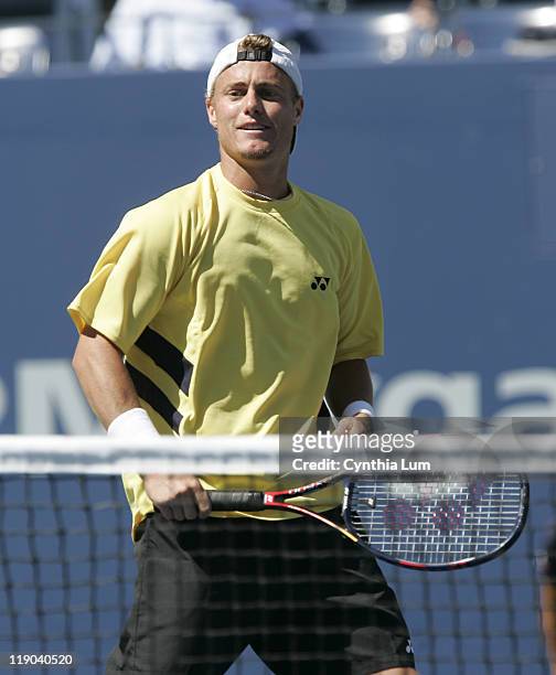Lleyton Hewitt in action during his defeat of Dominik Hrbaty in their 4th round match at the 2005 US Open at the National Tennis Center in Flushing,...