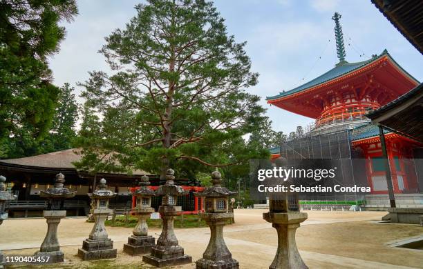 temples of mt. koya in wakayama, japan travel, jr route. japan culture travel - konpon daito stock pictures, royalty-free photos & images