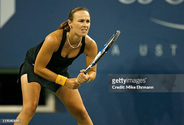 Martina Hingis during a second round match against Virginie Razzano at the 2006 US Open at the USTA Billie Jean King National Tennis Center in...