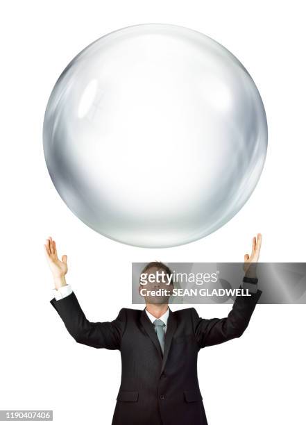 large bubble above businessman - bubbles white background stock pictures, royalty-free photos & images