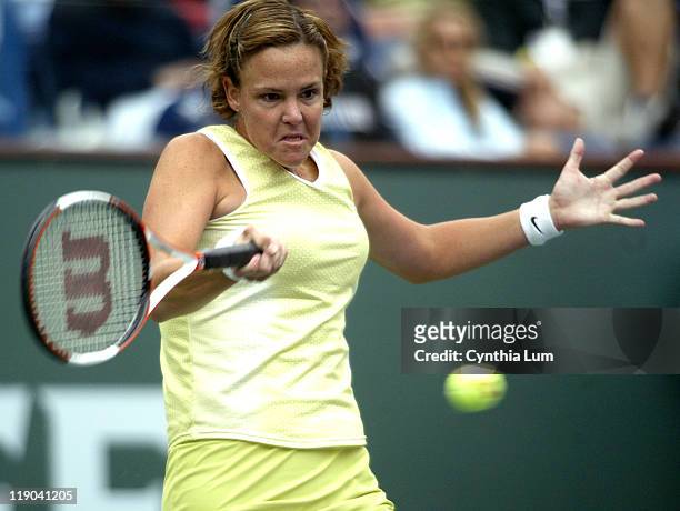 Lindsay Davenport in action as she defeated Maria Sharapova 6-0, 6-0 in their semi-final match at the Pacific Life Open, on March 18, 2005 at Indian...