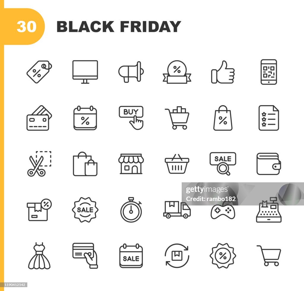 Black Friday und Shopping Icons. Bearbeitbarer Strich. Pixel perfekt. Für Mobile und Web. Enthält Symbole wie Black Friday, E-Commerce, Shopping, Store, Sale, Kreditkarte, Deal, Free Delivery, Rabatt.