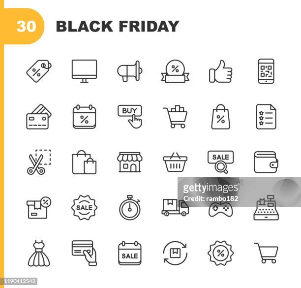 black friday and shopping icons. editable stroke. pixel perfect. for mobile and web. contains such icons as black friday, e-commerce, shopping, store, sale, credit card, deal, free delivery, discount. - shopping stock illustrations