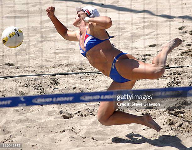 Barbara Fontana dives and misses a dig in the women's final of the 2004 AVP Nissan Series Hungting Beach Open at the Huntington Beach Pier, May 30,...