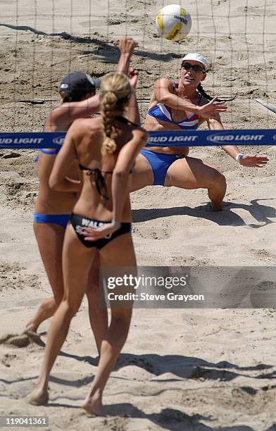 Barbara Fontana hits a dig in the women's final of the 2004 AVP Nissan Series Hungting Beach Open at the Huntington Beach Pier, May 30, 2004.