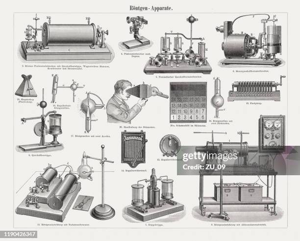 stockillustraties, clipart, cartoons en iconen met vroege röntgenapparatuur, hout gravures, gepubliceerd in 1899 - beeldbuis