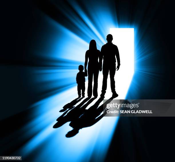 family silhouette in doorway - woman walking out door silhouette stock pictures, royalty-free photos & images