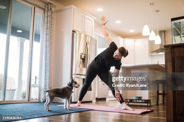 mujer haciendo ejercicios de fitness en casa con su perro - exercise at home fotografías e imágenes de stock