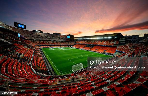 General view inside Mestalla Stadium prior to the UEFA Champions League group H match between Valencia CF and Chelsea FC at Estadio Mestalla on...