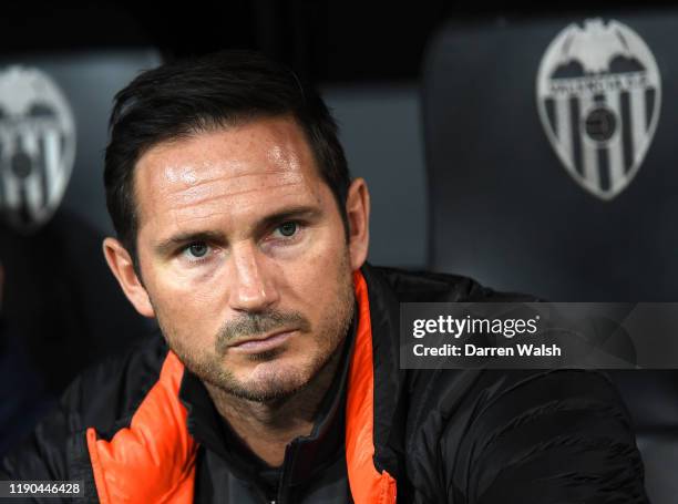 Frank Lampard, Manager of Chelsea looks on prior to the UEFA Champions League group H match between Valencia CF and Chelsea FC at Estadio Mestalla on...