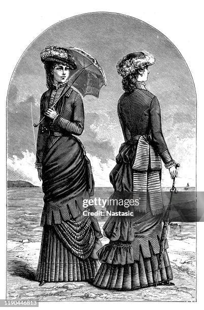 stockillustraties, clipart, cartoons en iconen met victoriaanse mode vrouw met paraplu - edwardiaanse stijl