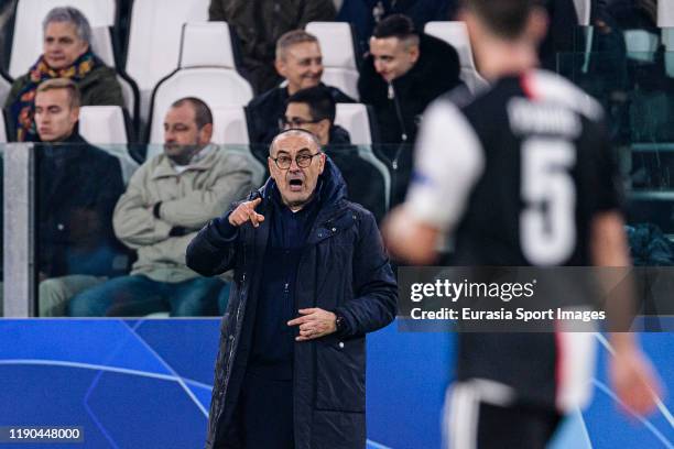 Juventus Head Coach Maurizio Sarri gestures during the UEFA Champions League group D match between Juventus and Atletico Madrid at Juventus Arena on...