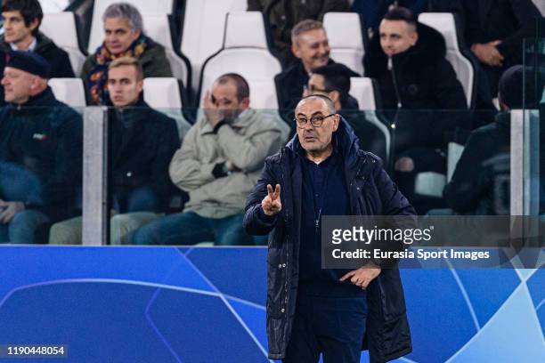 Juventus Head Coach Maurizio Sarri gestures during the UEFA Champions League group D match between Juventus and Atletico Madrid at Juventus Arena on...