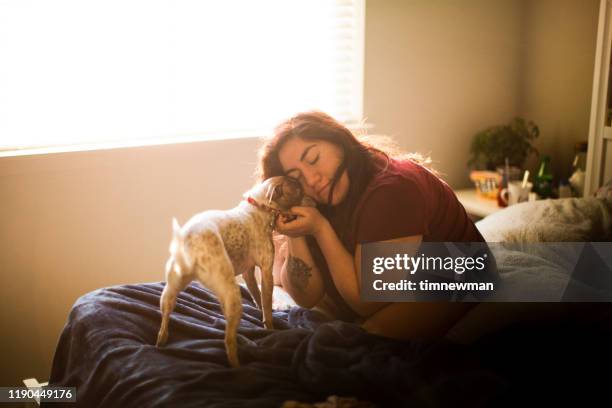 hispanic woman playing at home with her dog - el salvador woman stock pictures, royalty-free photos & images