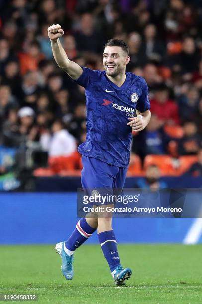 Mateo Kovacic of Chelsea celebrates after scoring his team's first goal during the UEFA Champions League group H match between Valencia CF and...
