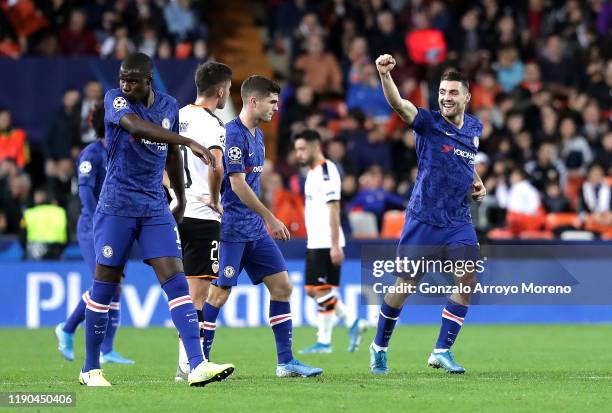 Mateo Kovacic of Chelsea celebrates after scoring his team's first goal during the UEFA Champions League group H match between Valencia CF and...