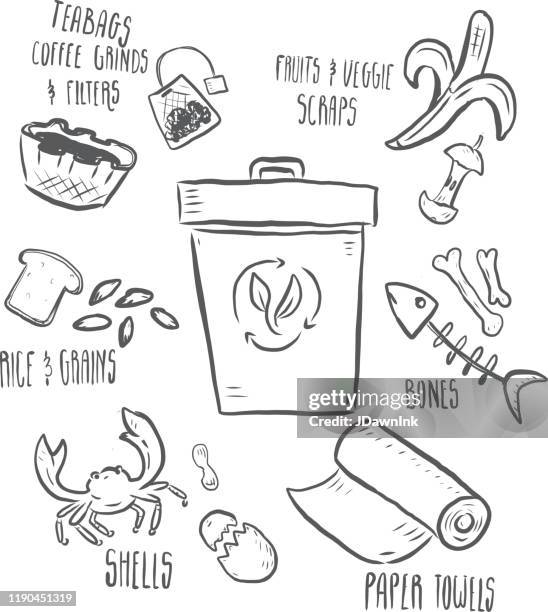 compostable kitchen waste upcycling hand drawn infographic with icons - compost bin stock illustrations