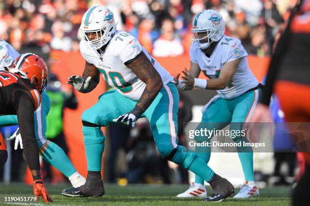 Offensive tackle Julie'n Davenport of the Miami Dolphins in action in the third quarter of a game against the Cleveland Browns on November 24, 2019...