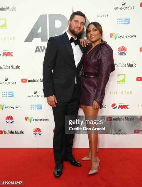 Themeli Magripilis and Jessica Mauboy arrives for the 33rd Annual ARIA Awards 2019 at The Star on November 27, 2019 in Sydney, Australia.
