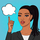 Pop art african american buiseness woman pointing finger on speech bubble, vector illustration in retro comic style