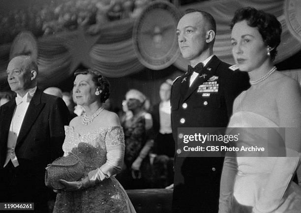 President and Mrs. Dwight D. Eisenhower at his second Inaugural Ball, January 21, 1957. His son, John S. D. Eisenhower and his wife, Barbara Jean...