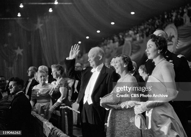 President and Mrs. Dwight D. Eisenhower at his second Inaugural Ball, January 21, 1957. His son, John S. D. Eisenhower and his wife, Barbara Jean...