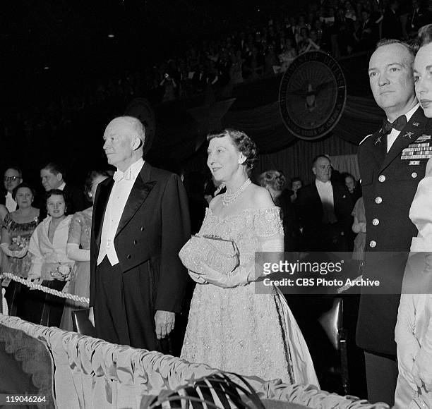 President and Mrs. Dwight D. Eisenhower at his second Inaugural Ball, January 21, 1957. His son, John S. D. Eisenhower and his wife, Barbara Jean...