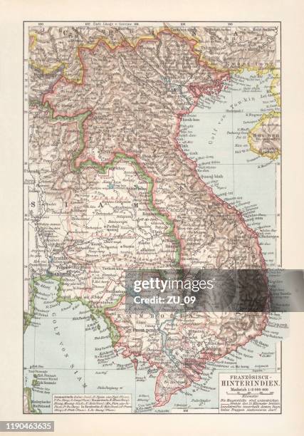 historical map of french indochina, chromolithograph, published in 1899 - vietnam map stock illustrations