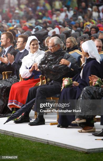 Prince Daniel, Duke of Vastergotland, Crown Princess Victoria of Sweden, King Carl XVI Gustaf of Sweden and Queen Silvia of Sweden attend an event...