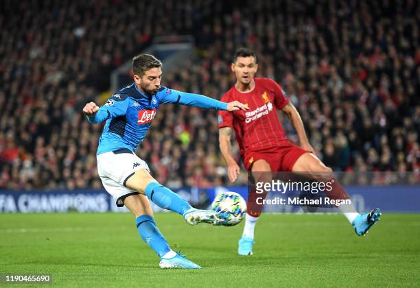 Dries Mertens of Napoli scores his team's first goal during the UEFA Champions League group E match between Liverpool FC and SSC Napoli at Anfield on...
