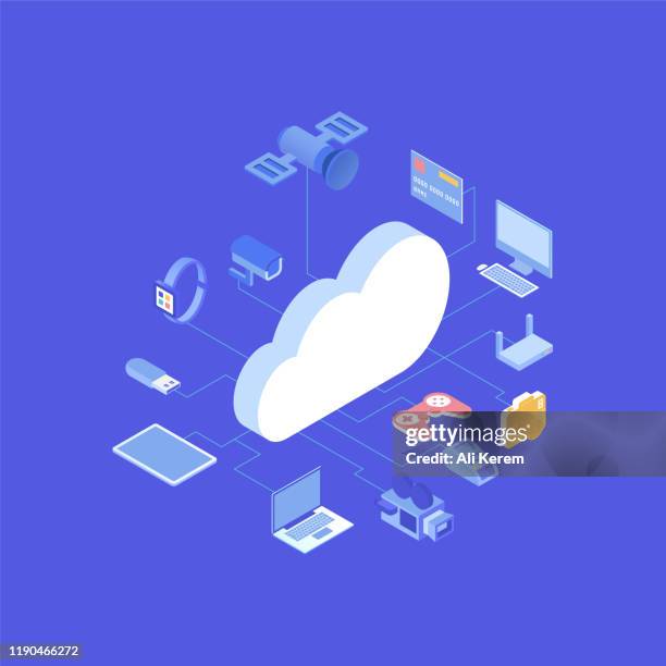 ilustraciones, imágenes clip art, dibujos animados e iconos de stock de concepto de computación en la nube en la ilustración vectorial isométrica - almacenamiento en nube