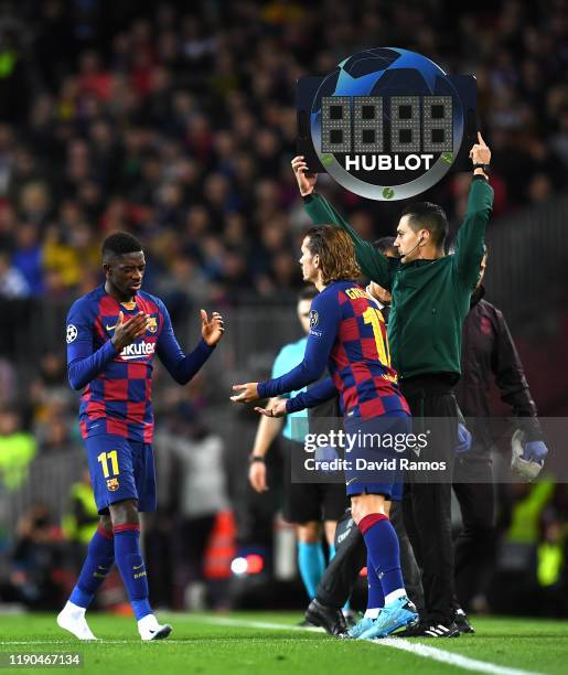 Antoine Griezmann of FC Barcelona replaces injured teammate Ousmane Dembele during the UEFA Champions League group F match between FC Barcelona and...