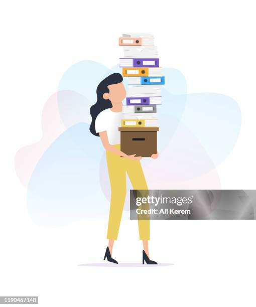 stockillustraties, clipart, cartoons en iconen met vrouw die stapel papier werkt - high angle view