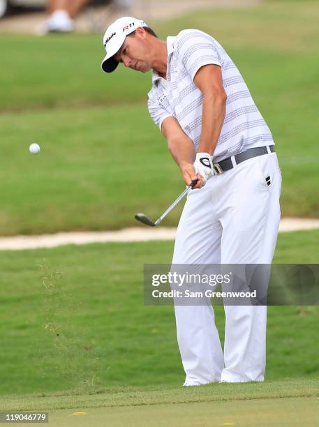 John Mallinger hits a shot on the 18th hole during the first round of the Viking Classic at Annandale Golf Club on July 14, 2011 in Madison,...