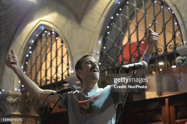 Freddie Mercury impersonator Brian Keville, performs during the annual Christmas Eve busk in aid of the Dublin Simon Community outside the Gaiety...
