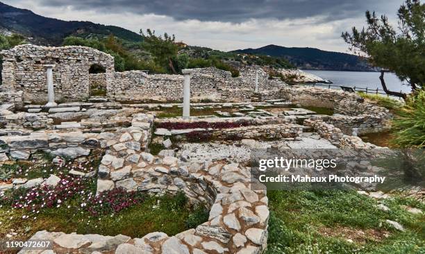 remains of two palaeo-christian basilicas of the 5th century in alykes peninsula. - alykes stock pictures, royalty-free photos & images