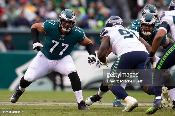 Andre Dillard of the Philadelphia Eagles in action against Jarran Reed of the Seattle Seahawks at Lincoln Financial Field on November 24, 2019 in...
