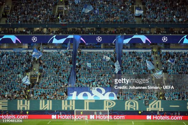 General inside stadium view of the Gazprom-Arena during the UEFA Champions League group G match between Zenit St. Petersburg and Olympique Lyon at...
