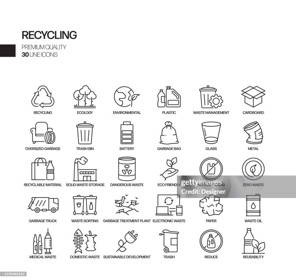 Conjunto simple de iconos de línea vectorial relacionados con el reciclaje. Colección de símbolos de esquema