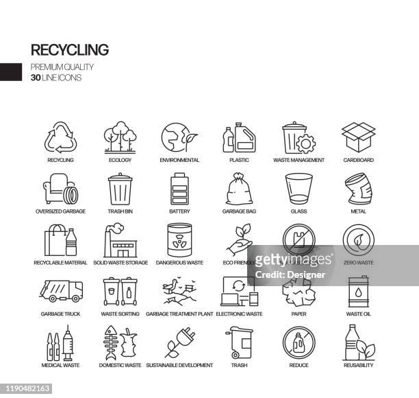 illustrations, cliparts, dessins animés et icônes de ensemble simple d'icônes de ligne vectorielle connexes de recyclage. collection de symboles de contour - pollution