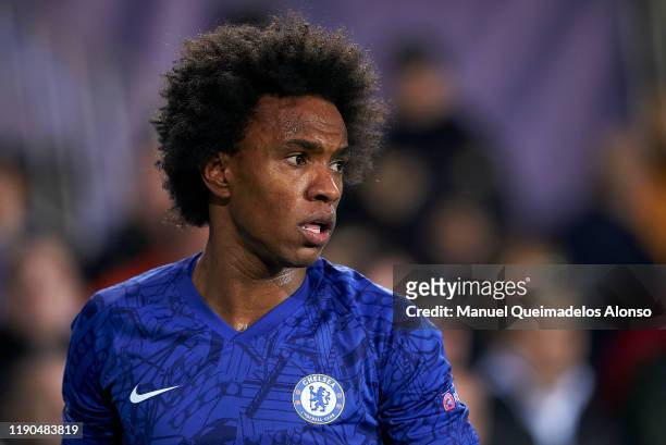 Willian Borges da Silva of Chelsea looks on during the UEFA Champions League group H match between Valencia CF and Chelsea FC at Estadio Mestalla on...