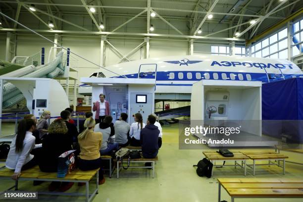 Aircraft personnel of Russia's largest airline Aeroflot take part in a training at the training center at Sheremetyevo International Airport in...