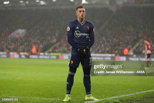 Gerard Deulofeu of Watford celebrates after scoring a goal to make it 0-1 during the Premier League match between Sheffield United and Watford FC at...