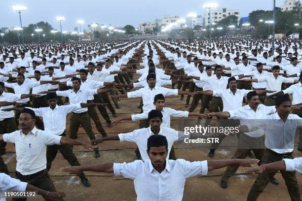 In this picture taken on December 25 members of the Rashtriya Swayamsevak Sangh participate in a rally in support of India's new citizenship law on...