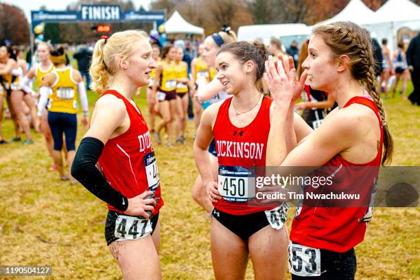 Isabel Cardi, Elaina Clancy and Lilianna Matala of Dickinson catch their breath following the Division III Women's Cross Country Championships held...