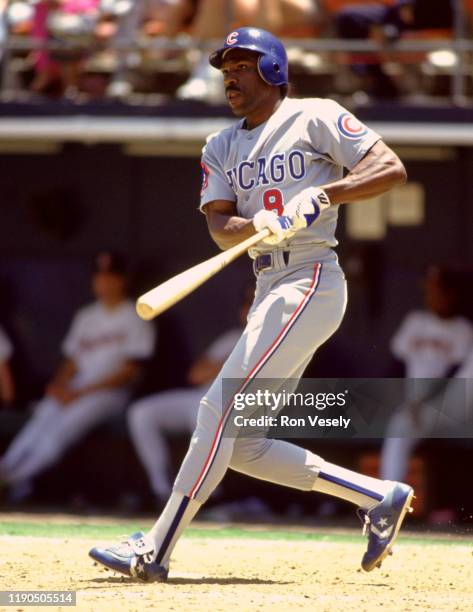 Andre Dawson of the Chicago Cubs bats during an MLB game versus the San Diego Padres at Jack Murphy Stadium in San Diego, California during the 1988...