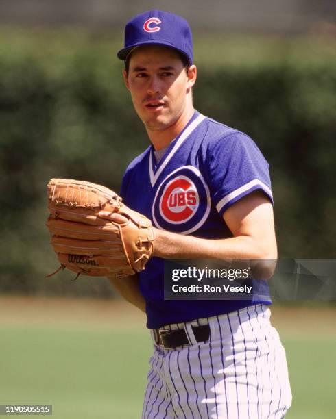 Greg Maddux of the Chicago Cubs looks on during an MLB game at Wrigley Field in Chicago, Illinois during the 1992 season.