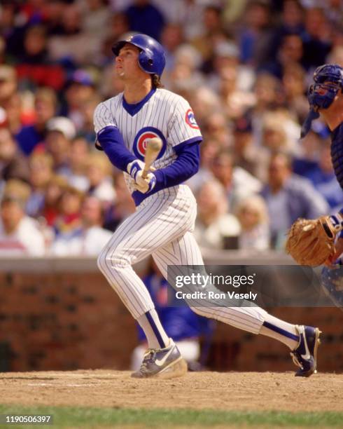 Ryne Sandberg of the Chicago Cubs bats during an MLB game at Wrigley Field in Chicago, Illinois during the 1986 season.