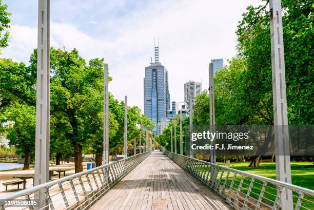 park with skyscrapers in the background in melbourne, australia - street style australia stock pictures, royalty-free photos & images